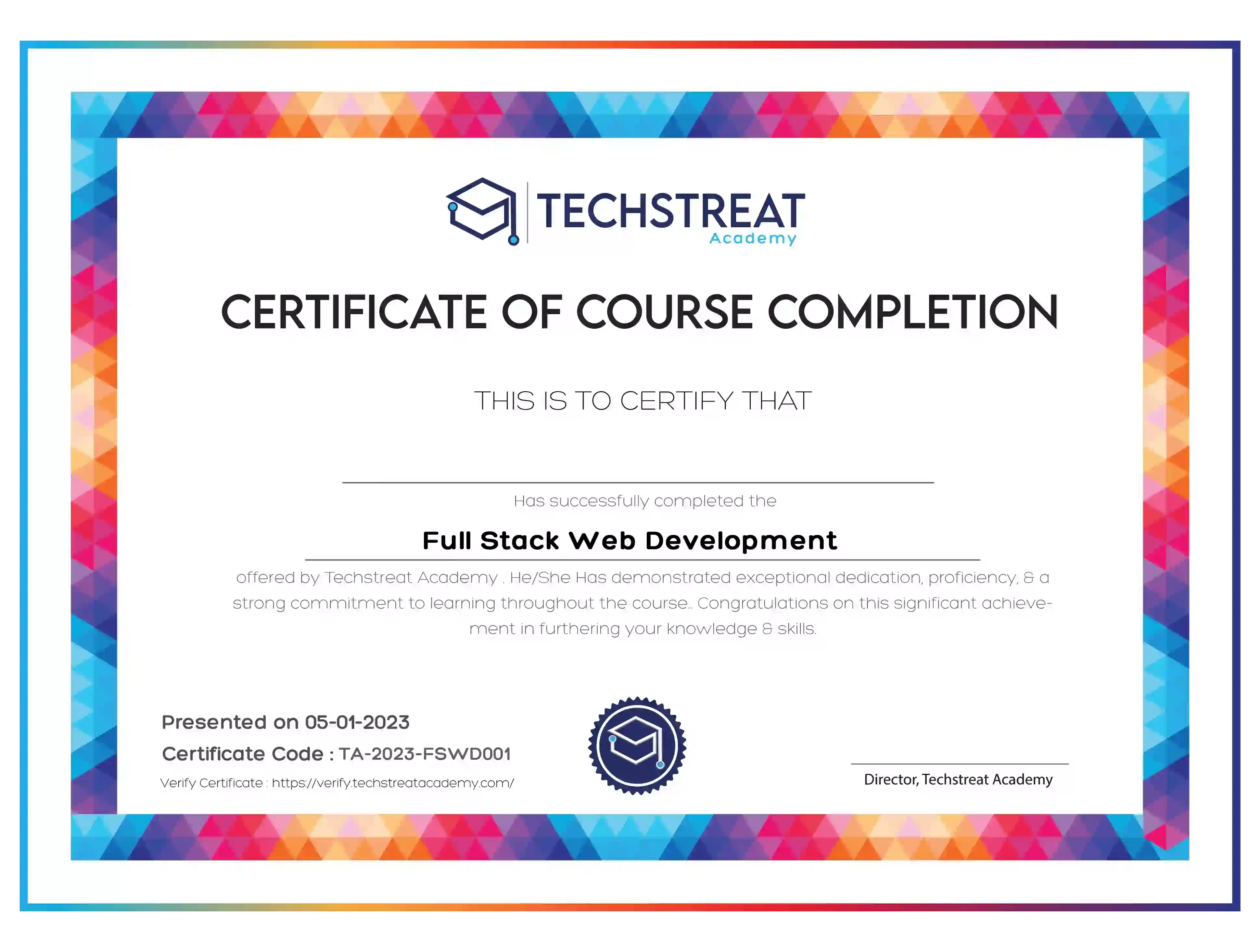 A certificate of completion for a web course.